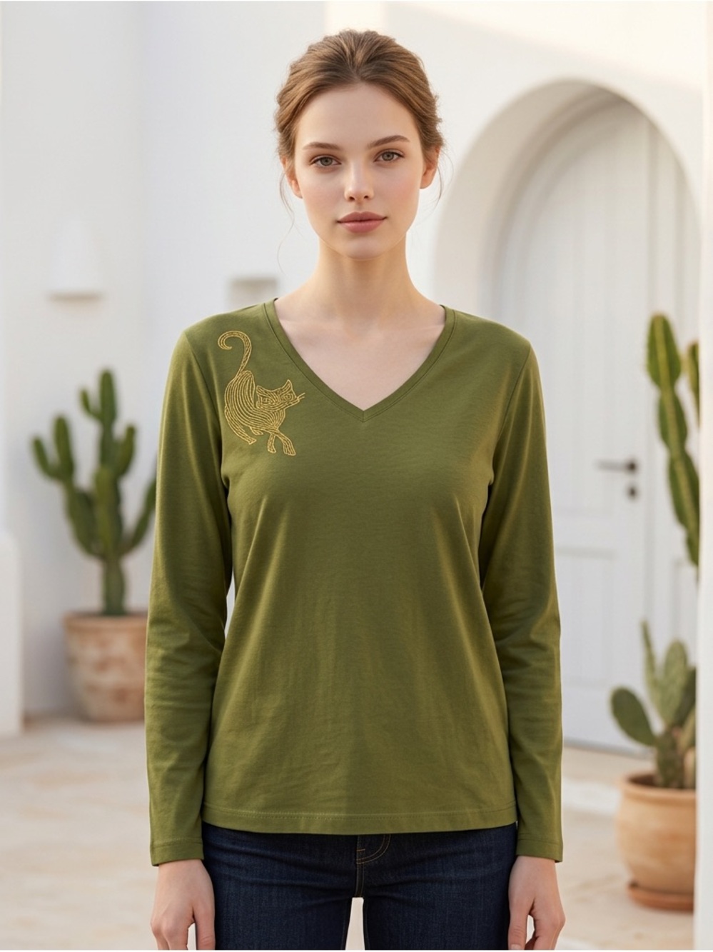 Bob Mackie Olive Green 3/4 Sleeve V-neck Embroidered Shirt